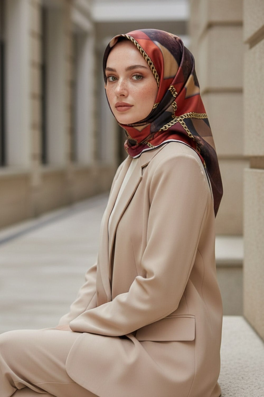 %100 Twill İpek Taş Efekti Desenli Taba - Siyah Renkli 90x90 Eşarp Dikim Şekli : El Dikişi