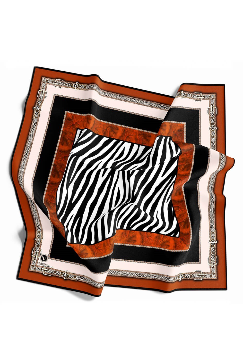 Twill Kemer Bordürlü Zincir Desenli Taba Renkli 90x90 Eşarp (İpek İçermez) Kenar Dikiş Şekli El Dikişli