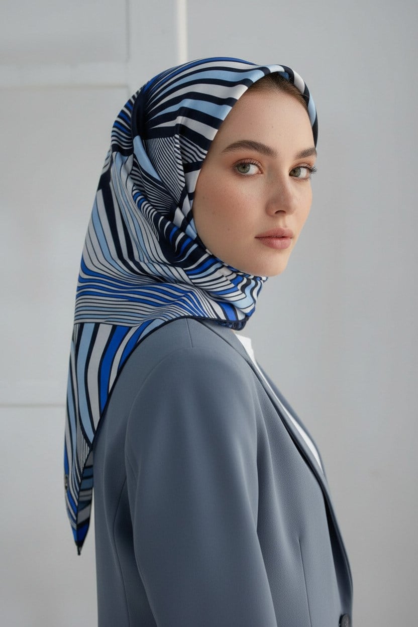 %100 Twill İpek Okyanus Dalgası Desenli Lacivert - İndigo Renkli 90x90 Eşarp Kenar Dikiş Şekli El Dikişli