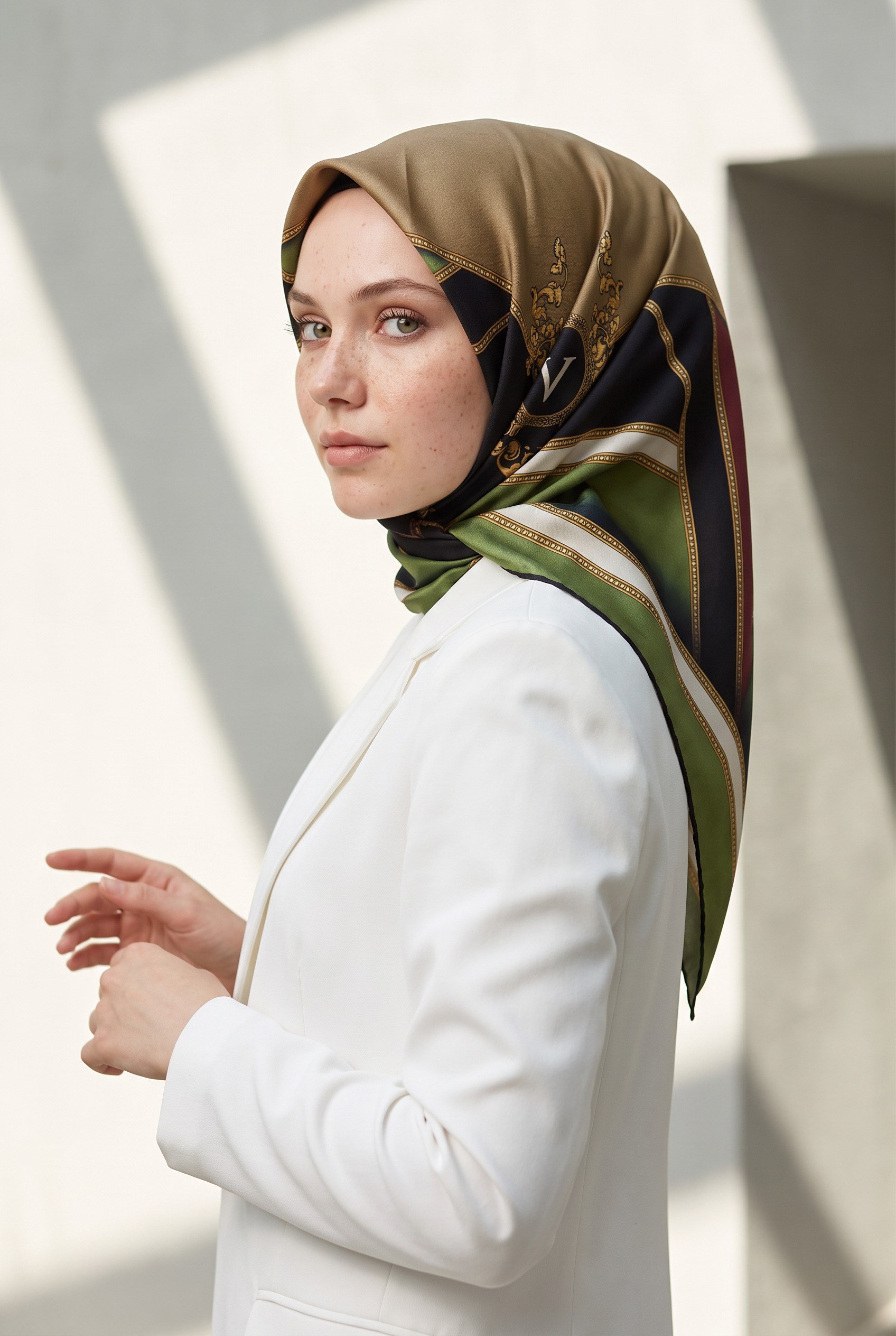 %100 Twill İpek Baroklu Ve Geometrik Desenli Haki - Bej Renkli 90x90 Eşarp Dikim Şekli : El Dikişi