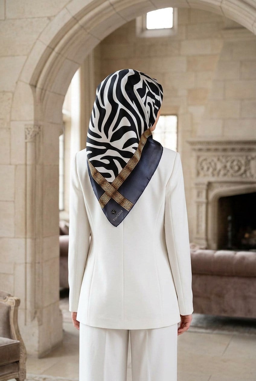 % 57 İPEK % 43 VİSKON Twill İpek Zebra Desenli Gri - Gold Renkli 90x90 Eşarp Dikim Şekli : El Dikişi