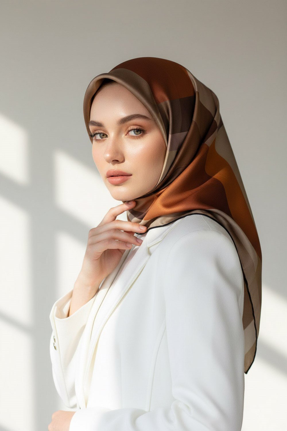 %100 Twill İpek Geometrik Desenli Kahverengi - Taba Renkli 90x90 Eşarp Dikim Şekli : El Dikişi