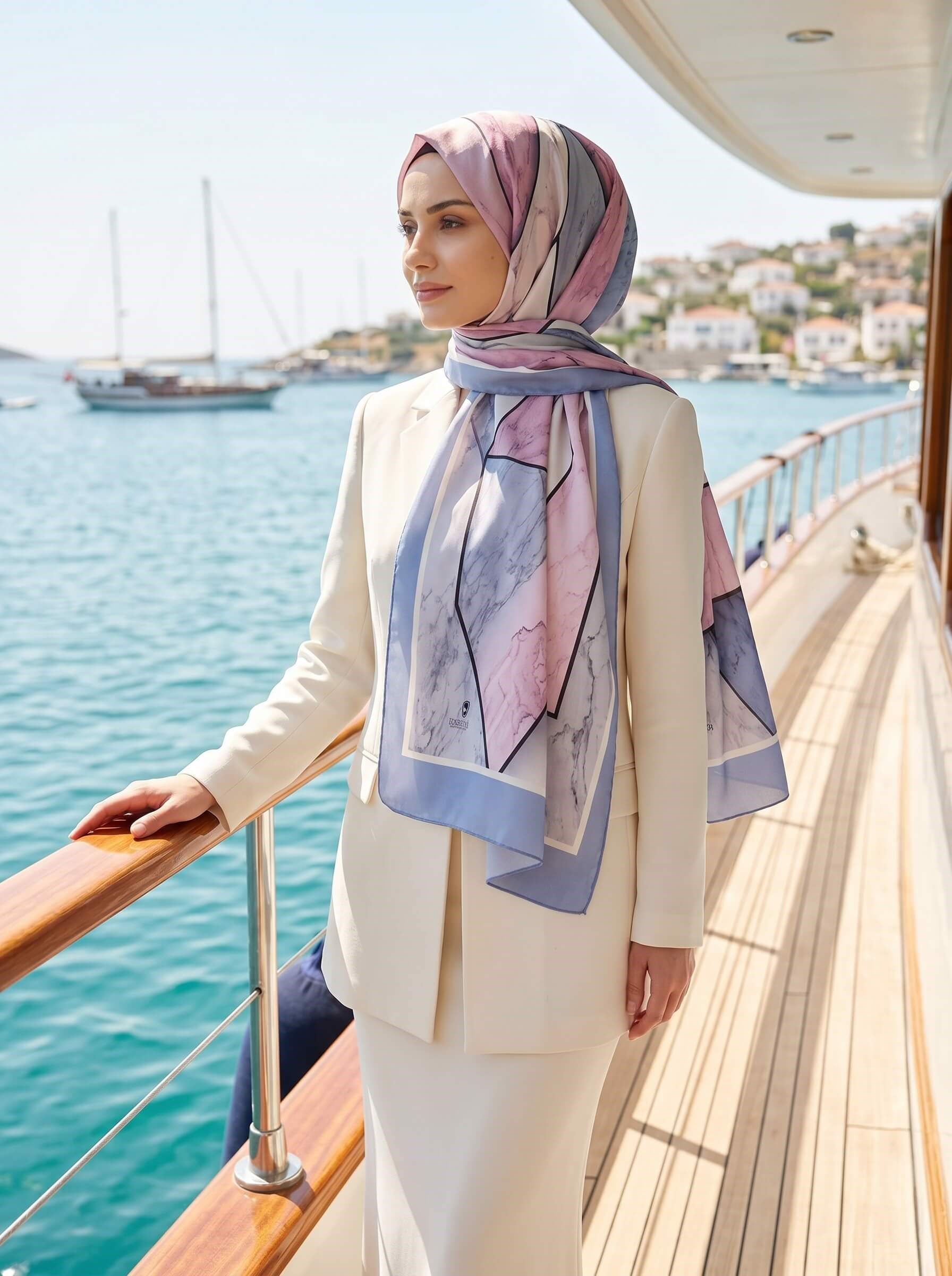 %100 Saf İpek Şal İnce Saten Vual Dokuma Mermer Desenli Pudra - Bebe Mavisi Renkli 90x210 Şal