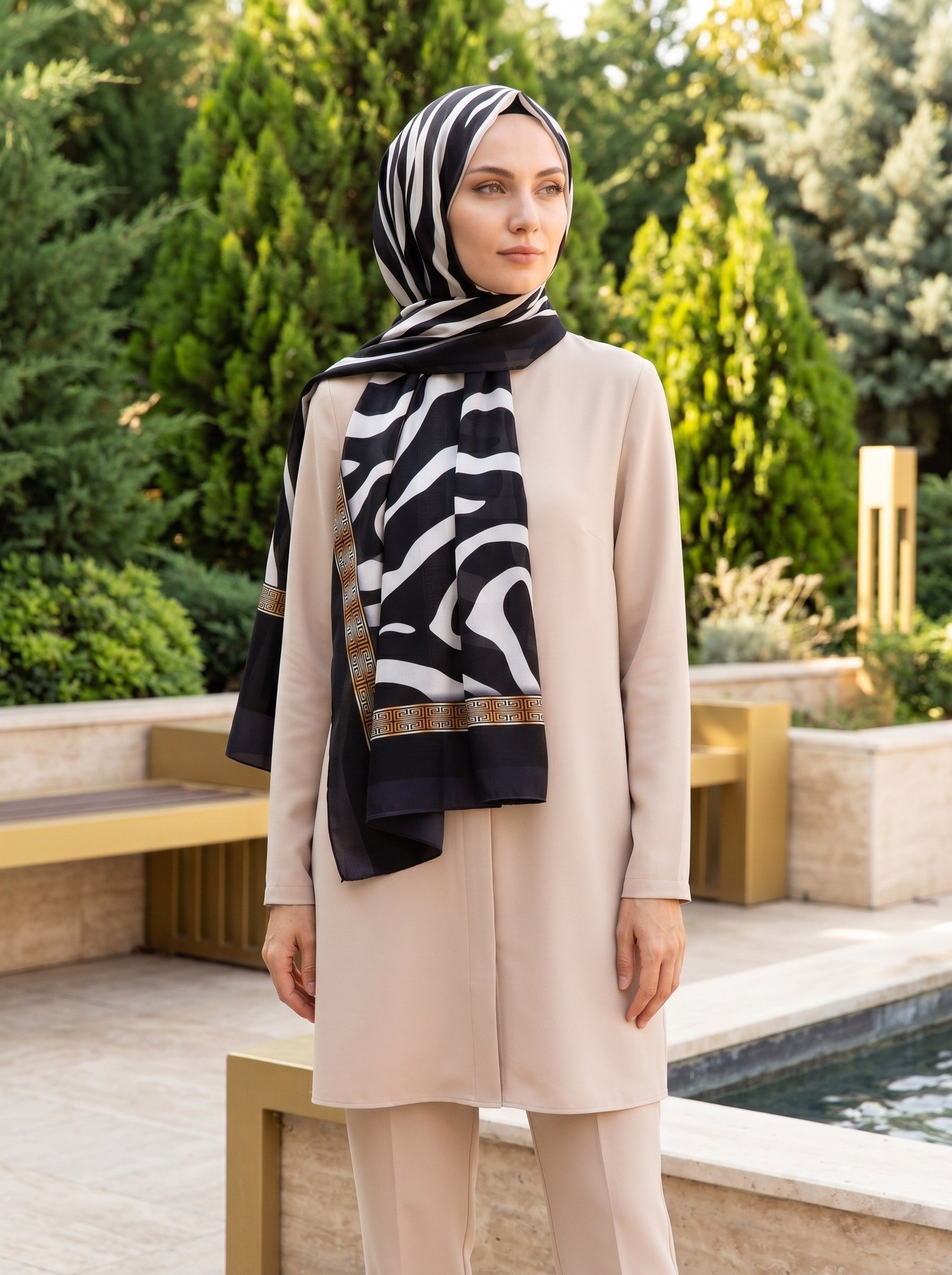 %100 Saf İpek Şal İnce Saten Vual Dokuma Zebra Desenli 90x210 Şal
