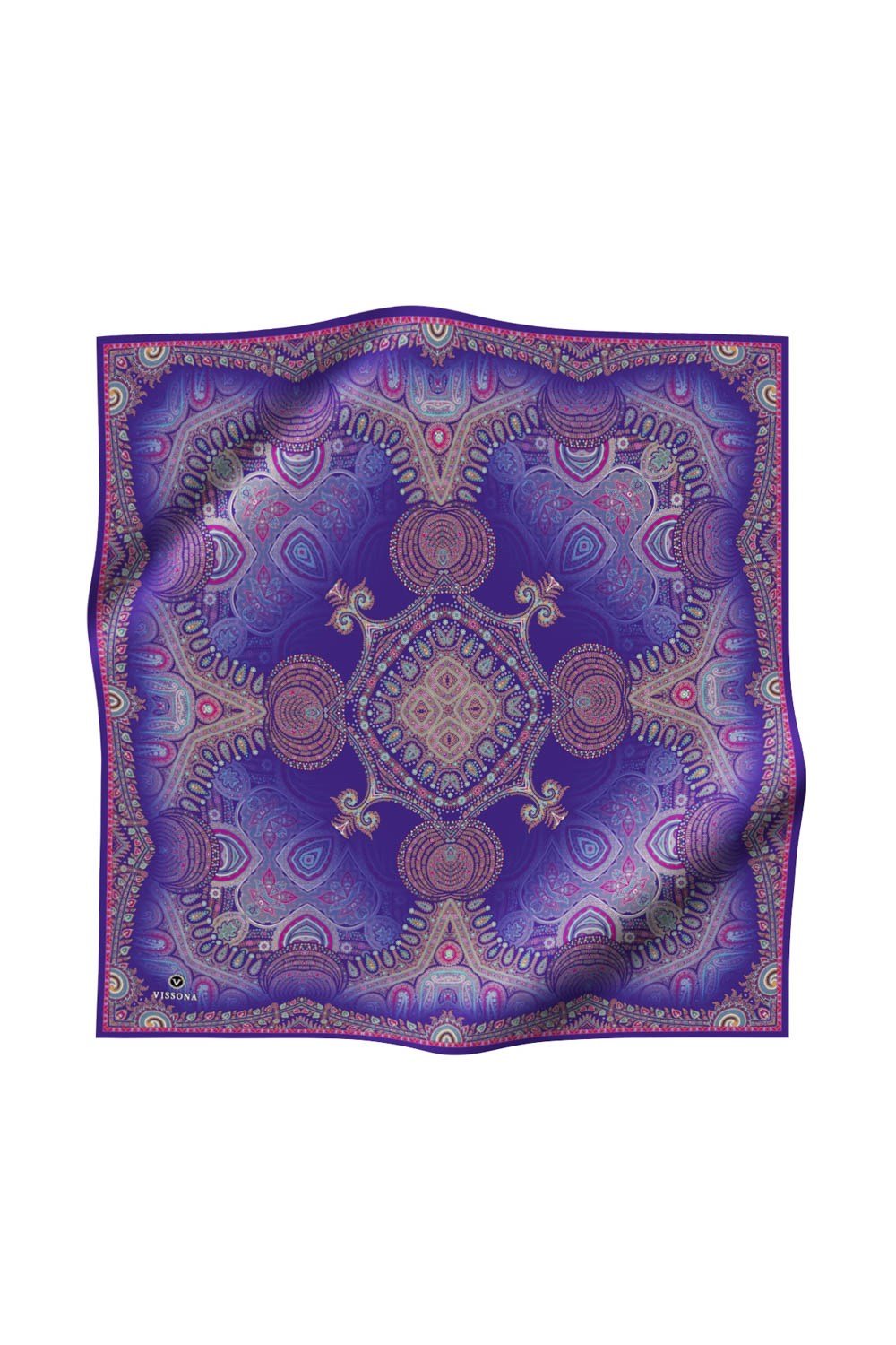%100 Twill İpek Şal Desenli Mor Renkli 90x90 Eşarp Dikim Şekli : El Dikişi