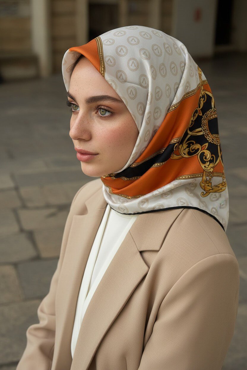 %100 Twill İpek Monogramlı Ve Barok Desenli Turuncu - Gold Renkli 90x90 Eşarp Dikim Şekli : El Dikişi
