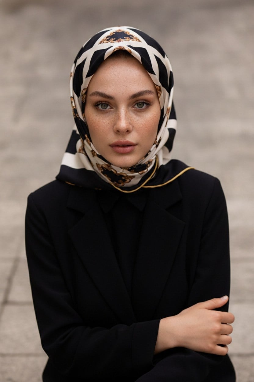%100 Twill İpek Nostalji  Desen SİYAH / KREM Renkli 90x90 Eşarp Dikim Şekli : El Dikişi