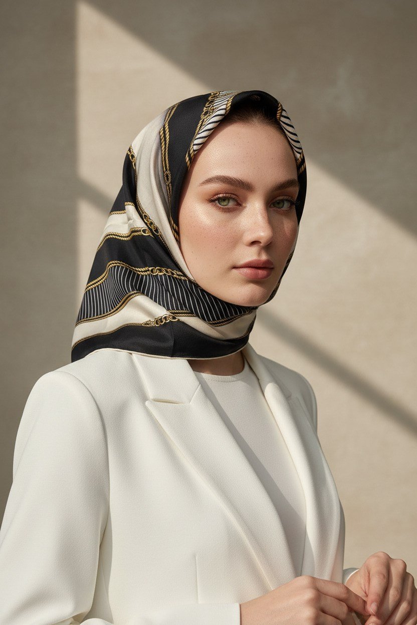 %100 Twill İpek Zincir Detaylı Geometrik Desenli Siyah - Krem Renkli 90x90 Eşarp Dikim Şekli : El Dikişi