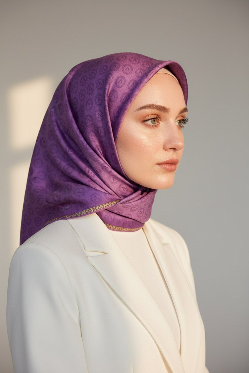 % 57 İPEK % 43 VİSKON Twill İpek Monogram Desenli Mor Renkli 90x90 Eşarp Dikim Şekli : El Dikişi