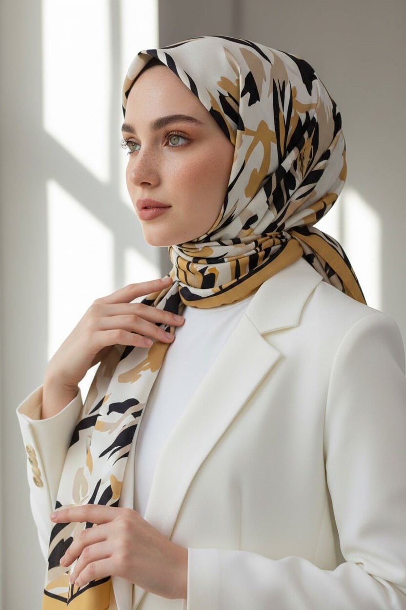 KREP YAPRAK DESENLİ HARDAL RENKLİ 75X195 KIRIŞMAZ ŞAL