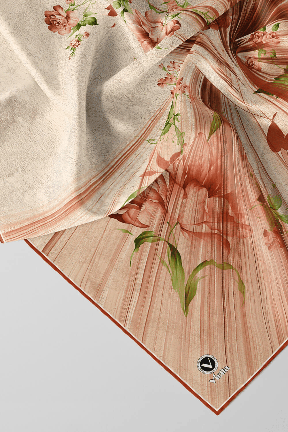 Twill Çiçekli Desenli Taba Renkli 90x90 Eşarp (İpek İçermez) Kenar Dikiş Şekli El Dikişli