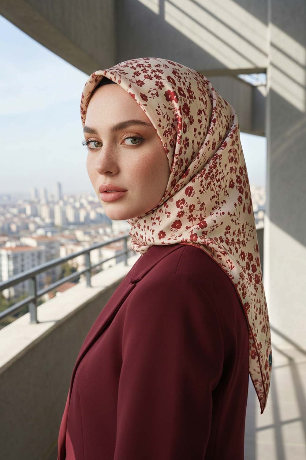 %100 Twill İpek Çıtır Çiçek Desenli Krem - Bordo Renkli 90x90 Eşarp Dikim Şekli : El Dikişi