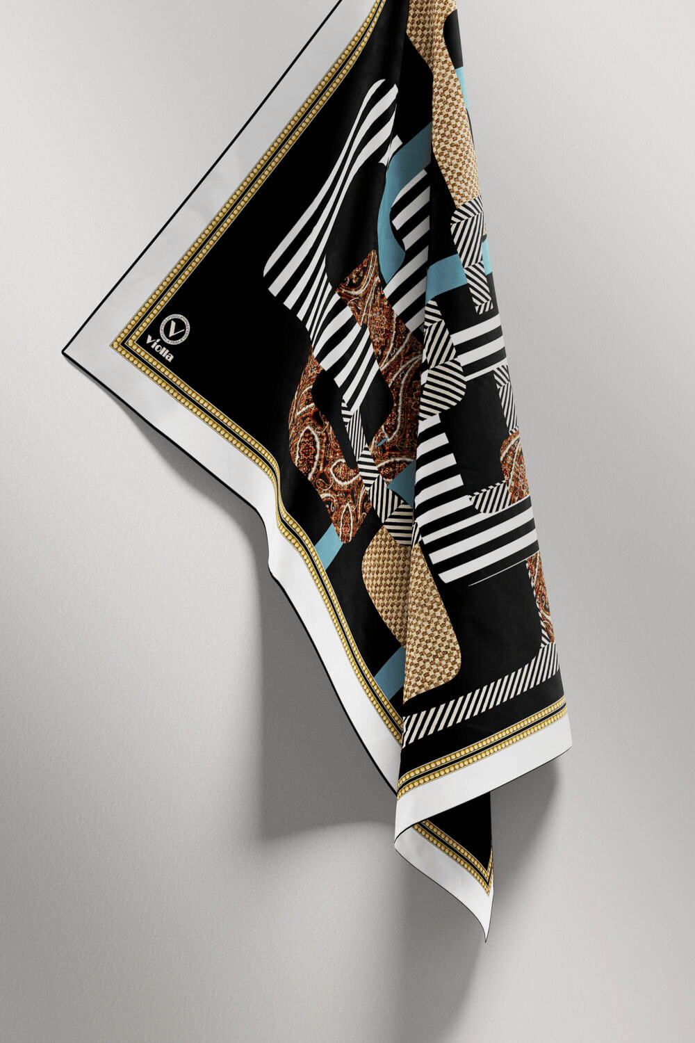 Twill Geometrik Desenli İndigo Renkli 90x90 Eşarp (İpek İçermez) Kenar Dikiş Şekli El Dikişli