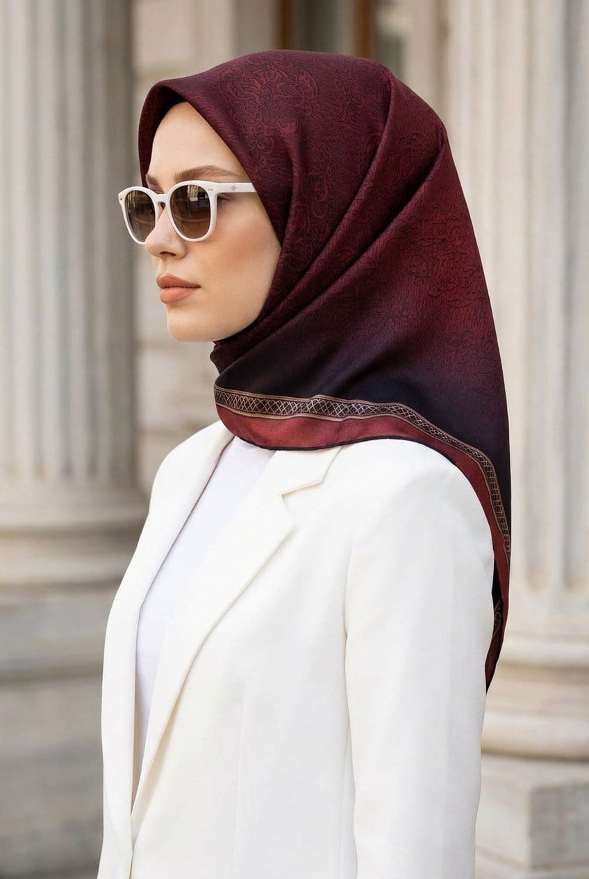 % 57 İPEK % 43 VİSKON Twill Barok Desenli Bordo Renkli 90x90 Eşarp Dikim Şekli: El Dikişi