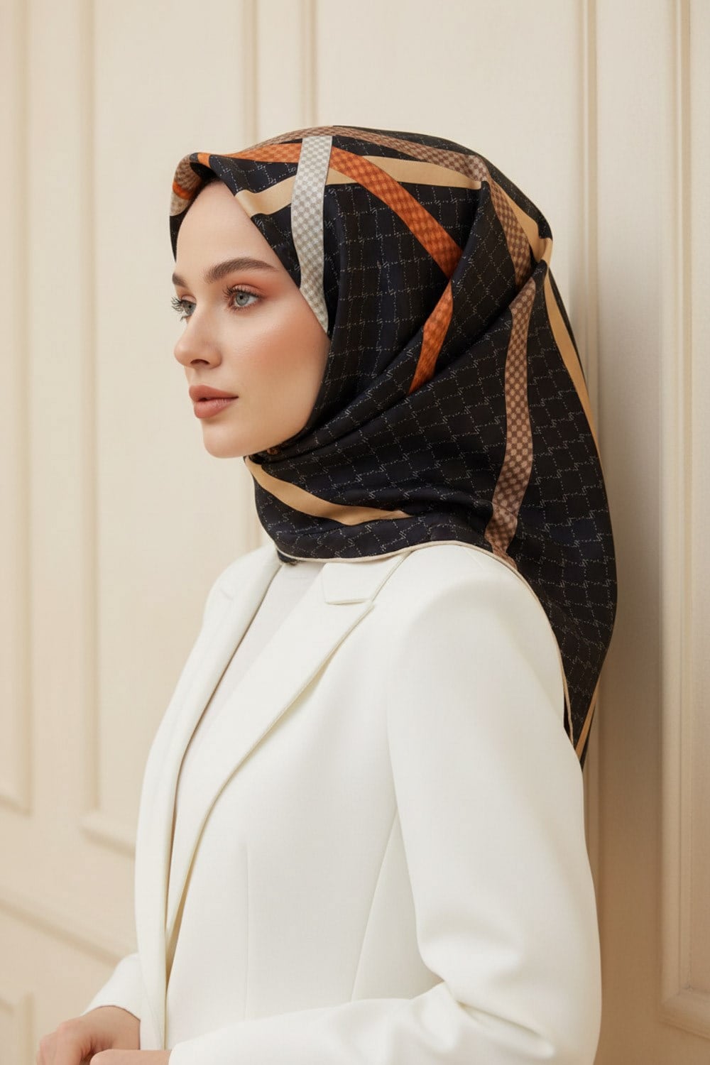 %57 İPEK %43 VİSKON Twill İpek Monogram Ve Şerit Desenli Siyah - Taba Renkli 90x90 Eşarp Dikim Şekli : El Dikişi