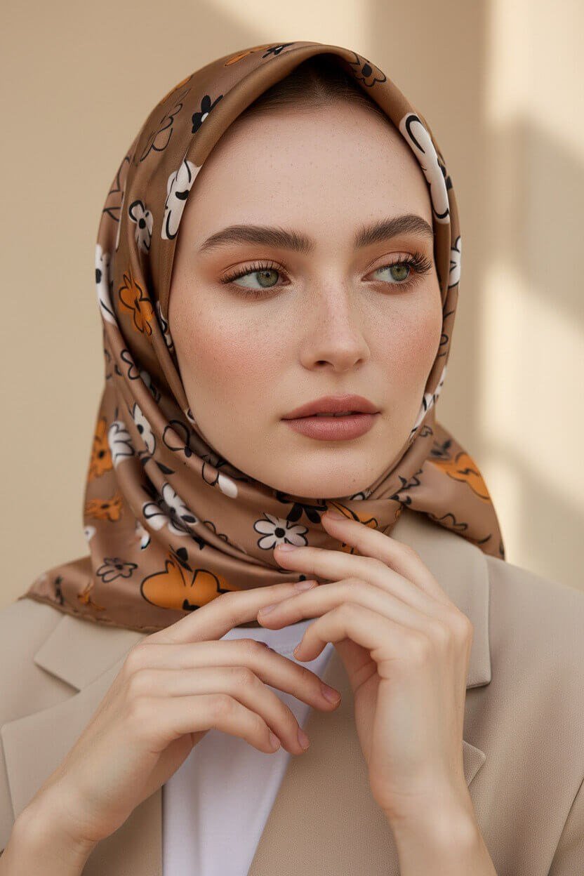 Rayon Papatya Desenli Bej Renkli 90x90 Eşarp (İpek İçermez) Kenar Dikiş Şekli El Dikişli