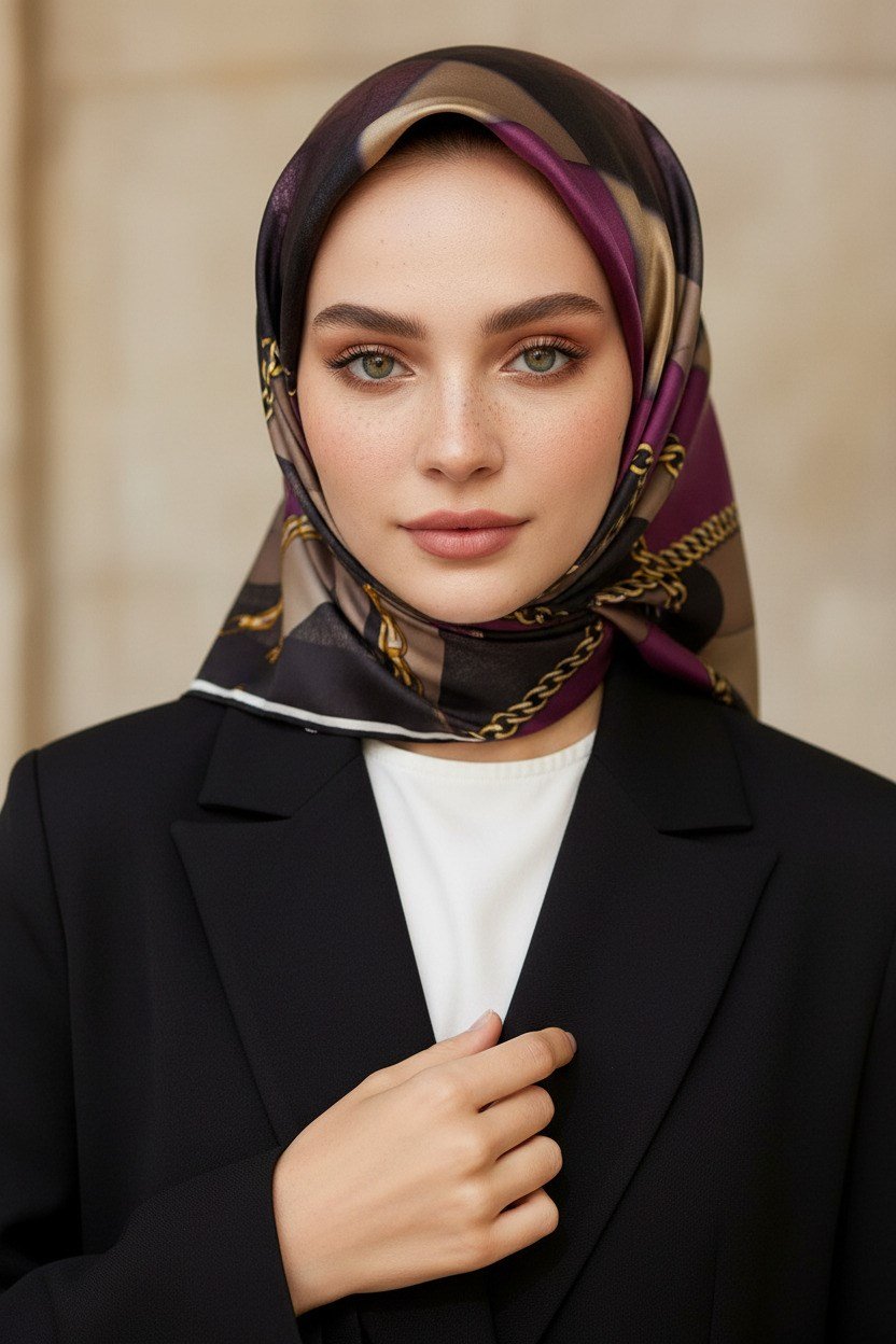 % 57 İPEK % 43 VİSKON Twill İpek Taş Efekti Desenli Mürdüm - Siyah Renkli 90x90 Eşarp Dikim Şekli : El Dikişi