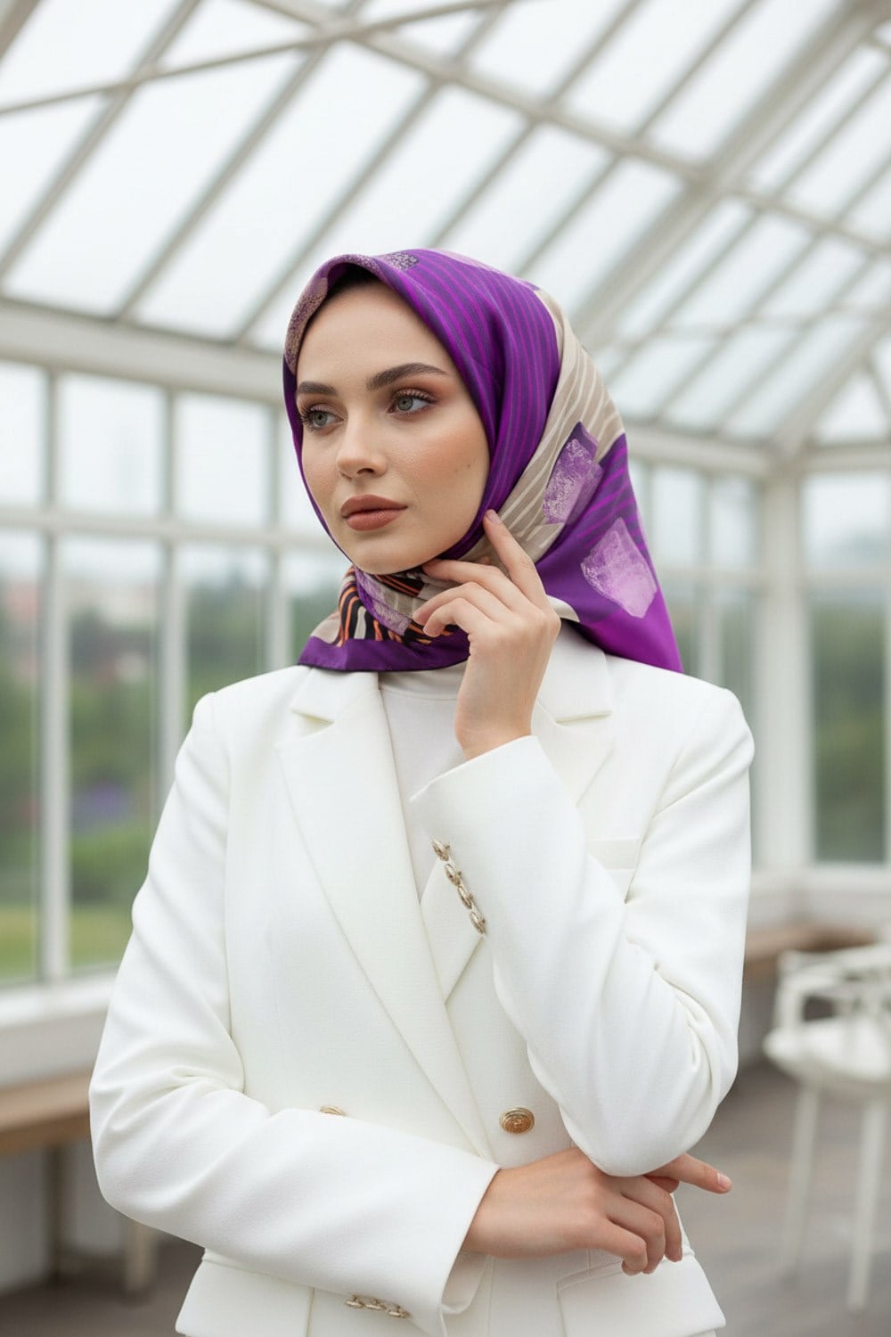 %100 Twill İpek Geometrik Desenli Mürdüm - Turuncu Renkli 90x90 Eşarp Dikim Şekli : El Dikişi