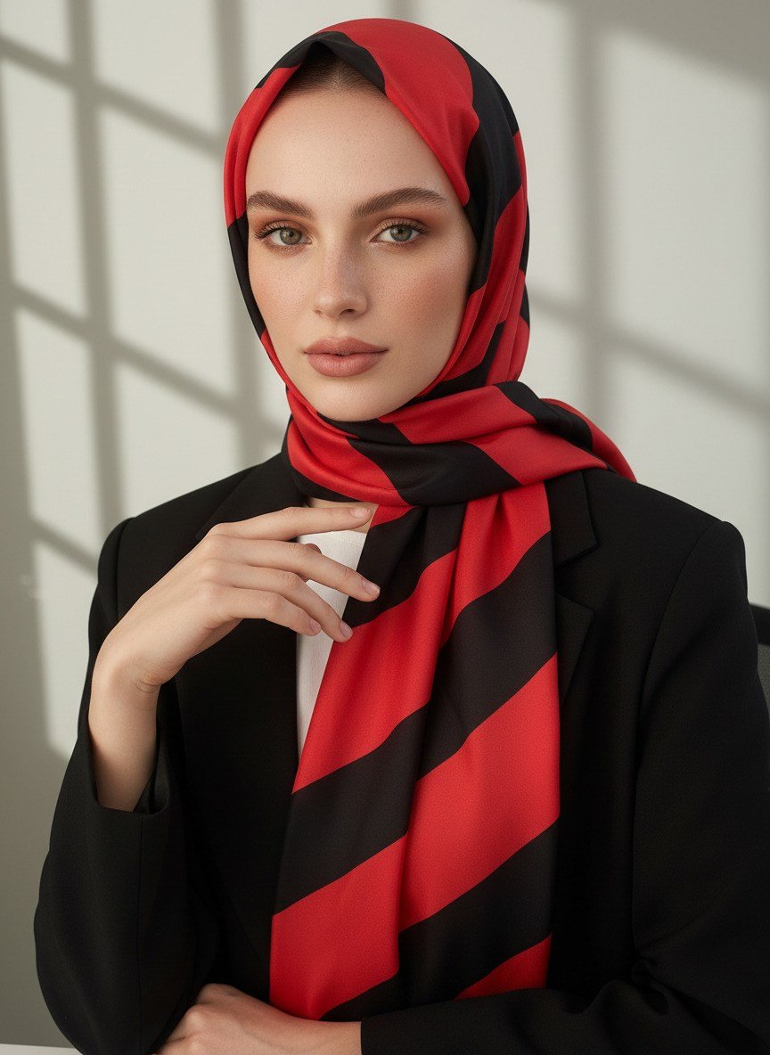 %100 Saf İpek Şal İnce Saten Vual Dokuma Çizgili Desenli Kırmızı - Siyah Renkli 90x210 Şal
