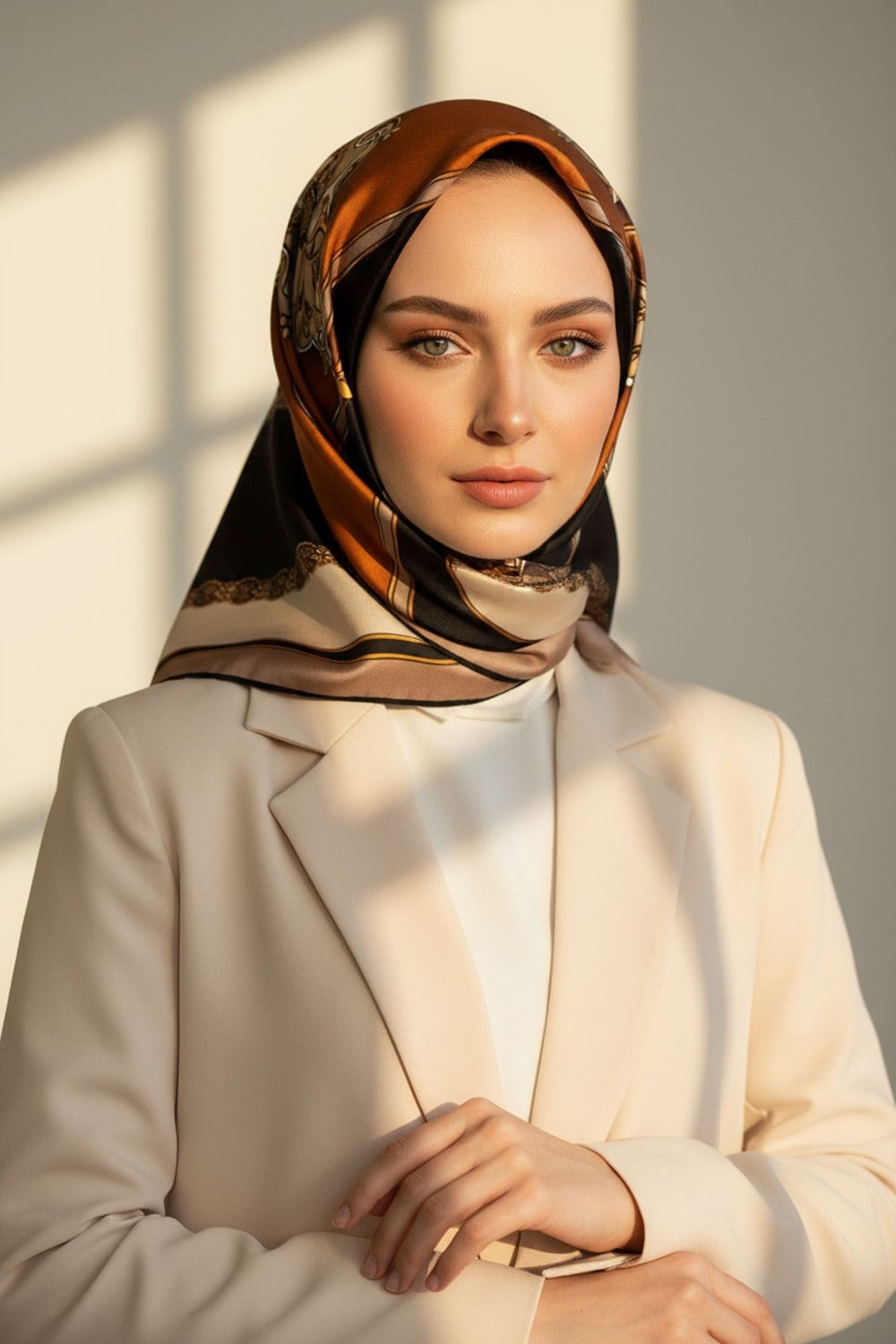 % 57 İPEK % 43 VİSKON Twill İpek Barok Desenli Taba - Bej Renkli 90x90 Eşarp Dikim Şekli : El Dikişi