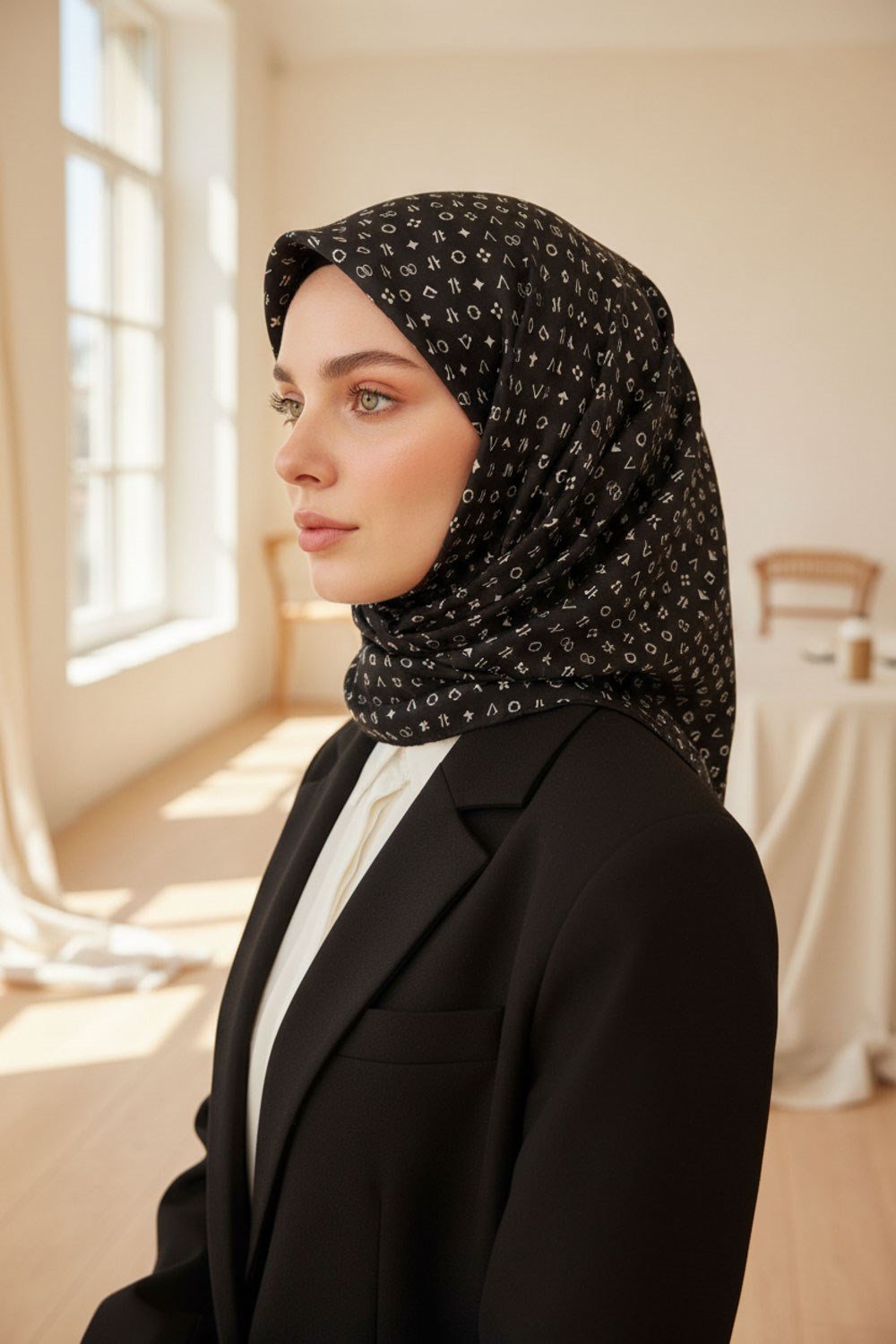 %100 Twill İpek Çıtır Motif Desenli Siyah - Krem Renkli 90x90 Eşarp Dikim Şekli : El Dikişi