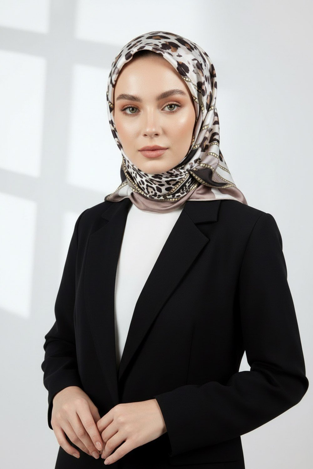 Twill Kemerli ve Leopar Desenli Bej Renkli 90x90 Eşarp (İpek İçermez) Dikim Şekli : El Dikişi