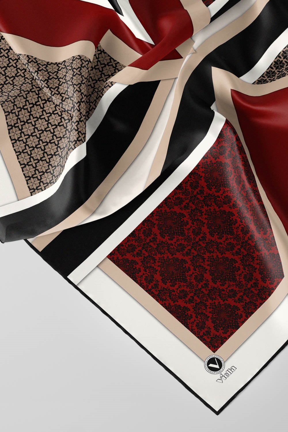 Twill Geometrik Barok Desenli Bordo - Bej Renkli 90x90 Eşarp (İpek İçermez) Kenar Dikiş Şekli El Dikişli