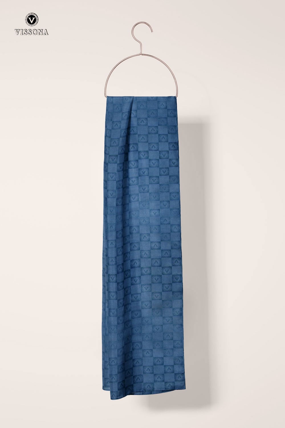 Vissona %57 İPEK %43 PAMUK Monogram Desenli Bebe Mavisi Renkli Şal -  70x190 Dikiş Tipi İtalyan Dikişli