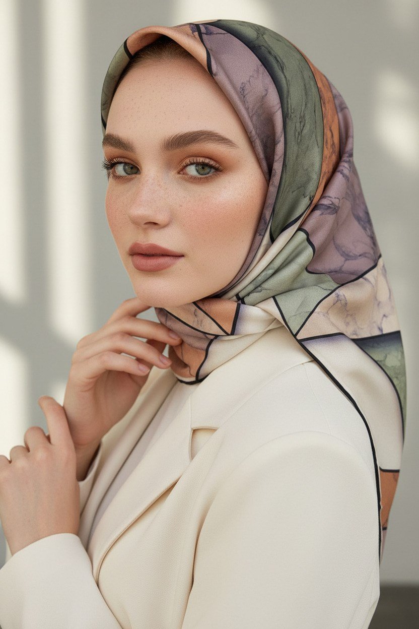 %100 Twill İpek Mermer Desenli Bakır - Haki Renkli 90x90 Eşarp Dikim Şekli : El Dikişi