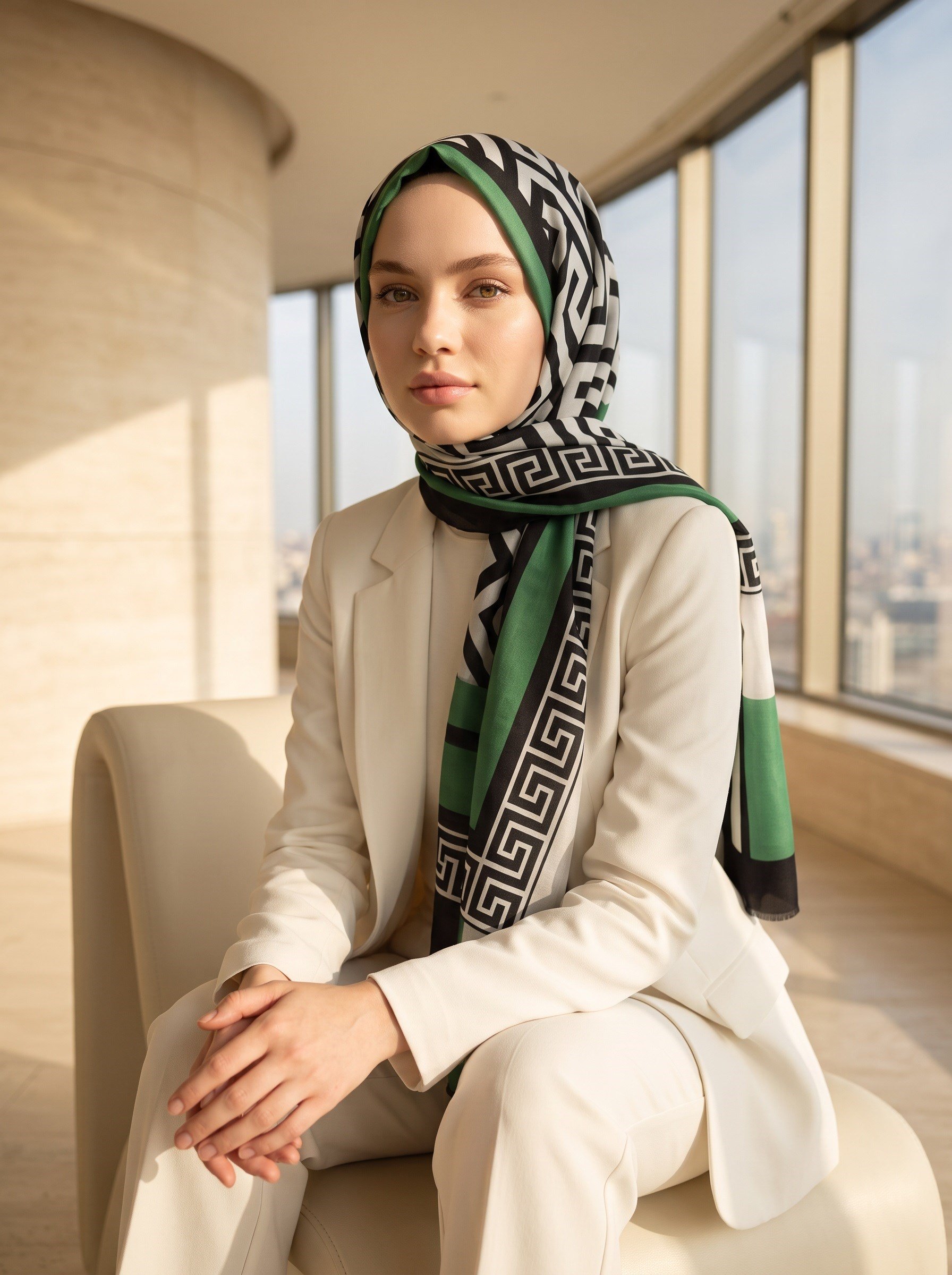 %100 Saf İpek Şal İnce Saten Vual Dokuma Geometrik Desenli 90x210 Şal