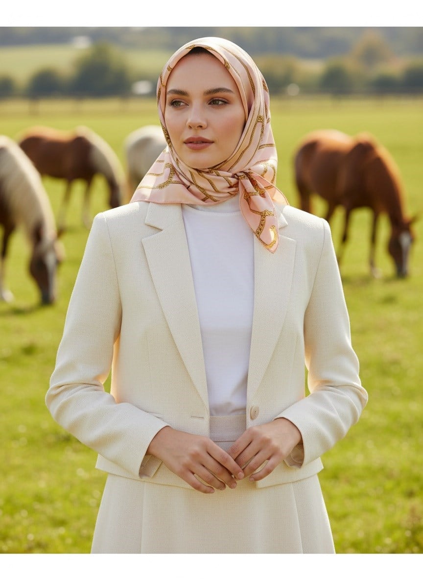 %100 Twill İpek Kemer Desenli Gold - Somon Renkli 90x90 Eşarp Dikim Şekli : El Dikişi