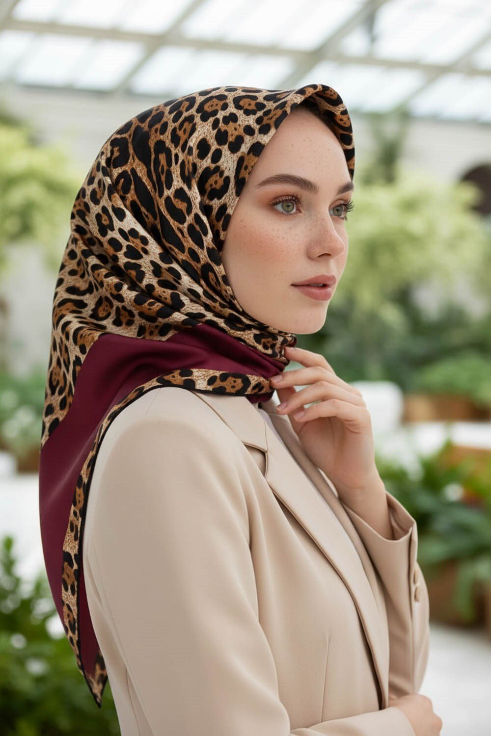 %100 Twill İpek Leopar Desenli Bordo Renkli 90x90 Eşarp Dikim Şekli : El Dikişi