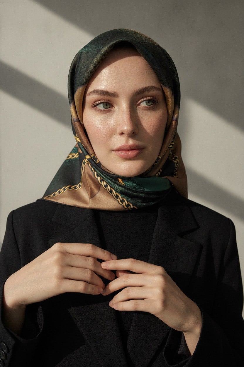 %100 Twill İpek Taş Efekti Desenli Petrol Yeşili - Siyah Renkli 90x90 Eşarp Dikim Şekli : El Dikişi