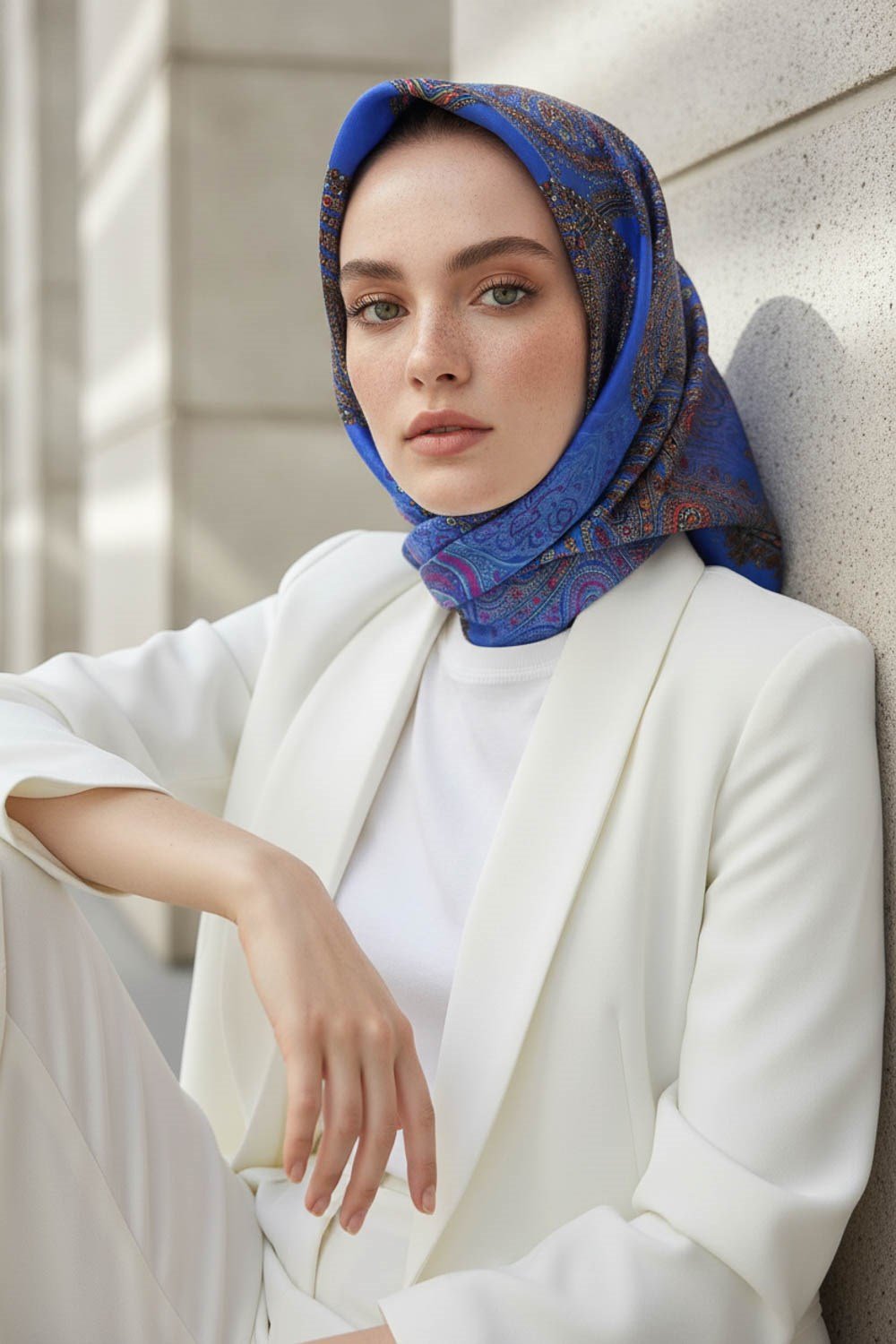 %100 Twill İpek Şal Desenli Saks Renkli 90x90 Eşarp Dikim Şekli : El Dikişi