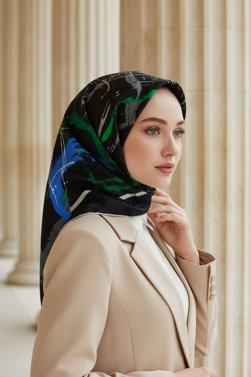 % 57 İPEK % 43 VİSKON Twill İpek Geometrik Desenli Saks - Zümrüt Yeşili Renkli 90x90 Eşarp Dikim Şekli : El Dikişi