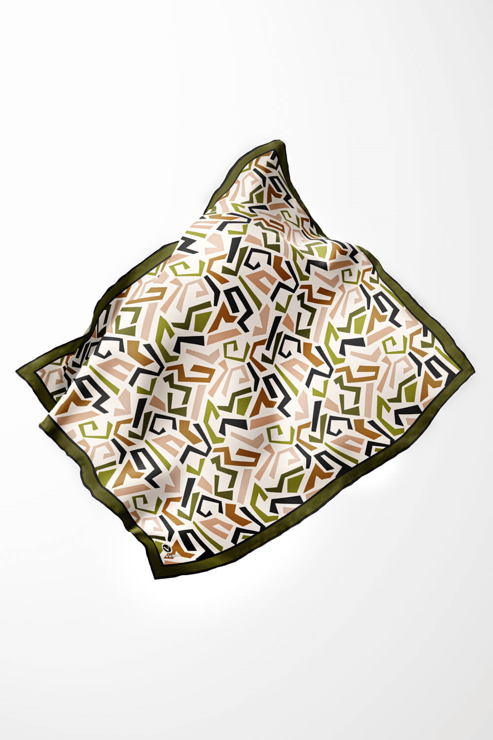 Twill Geometrik Desenli Haki Yeşili Renkli 90x90 Eşarp (İpek İçermez) Kenar Dikiş Şekli El Dikişli