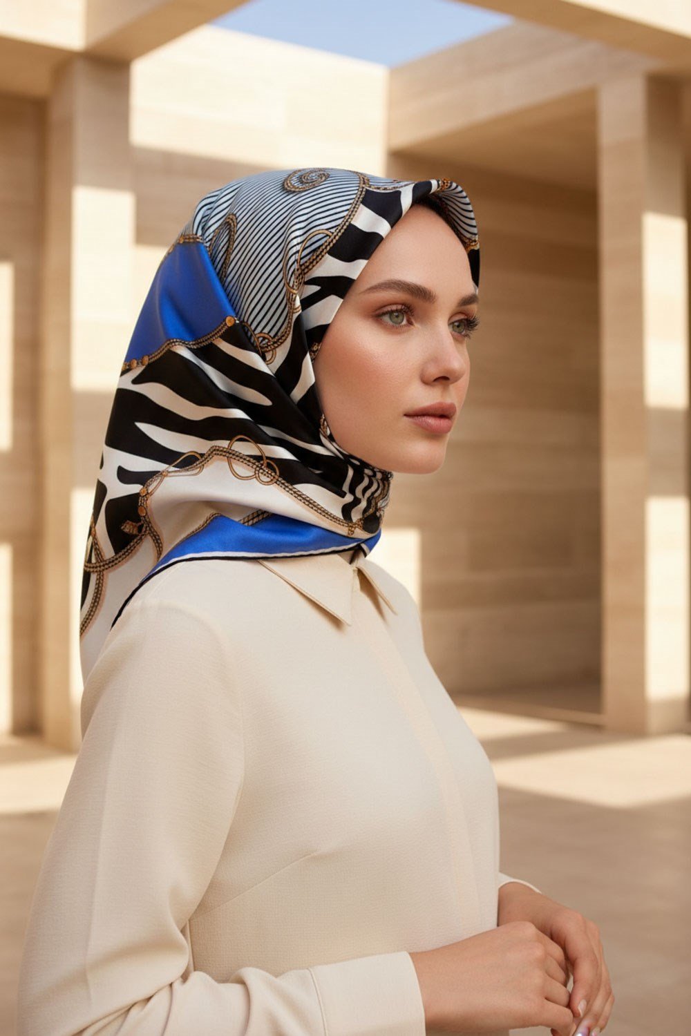 %100 Twill İpek Zincirli Ve Zebra Desenli Saks - Lacivert Renkli 90x90 Eşarp Dikim Şekli : El Dikişi