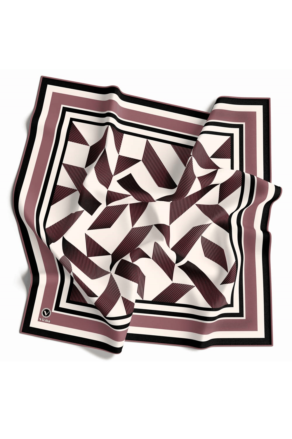 Twill Geometrik Desenli Pudra Renkli 90x90 Eşarp (İpek İçermez) Kenar Dikiş Şekli El Dikişli