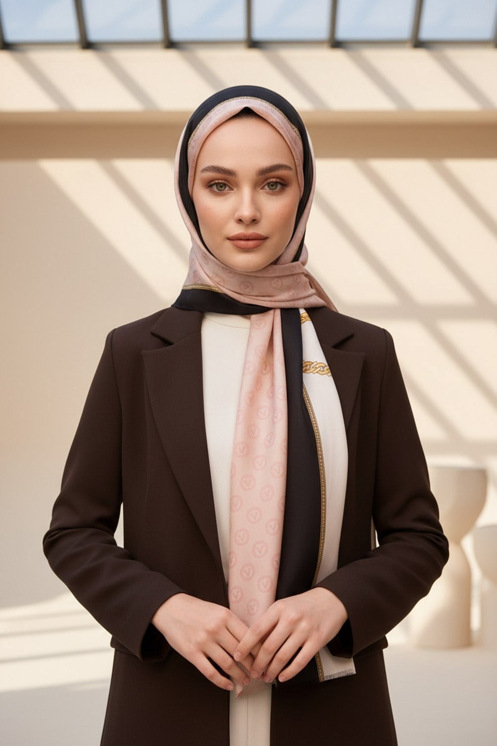 %100 Saf İpek Şal İnce Saten Vual Dokuma Geometrik Desenli Pudra - Siyah Renkli 90x210 Şal