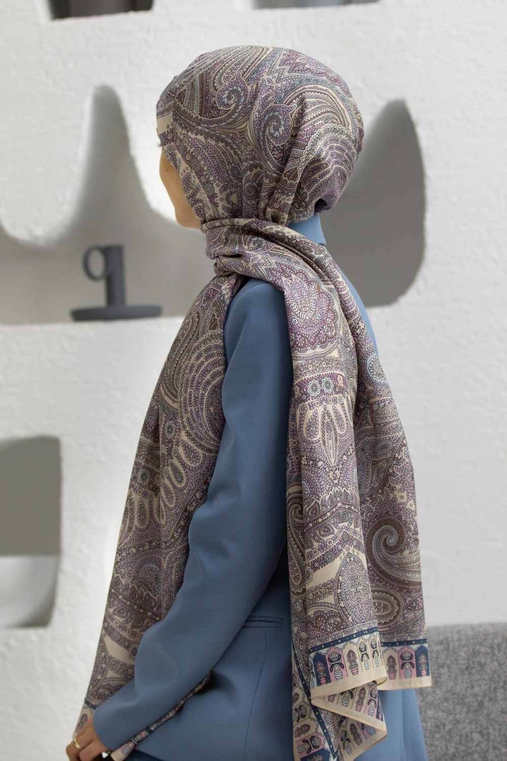 100% İPEK ETRO DESENLİ BEJ - MÜRDÜM RENKLİ ŞAL
