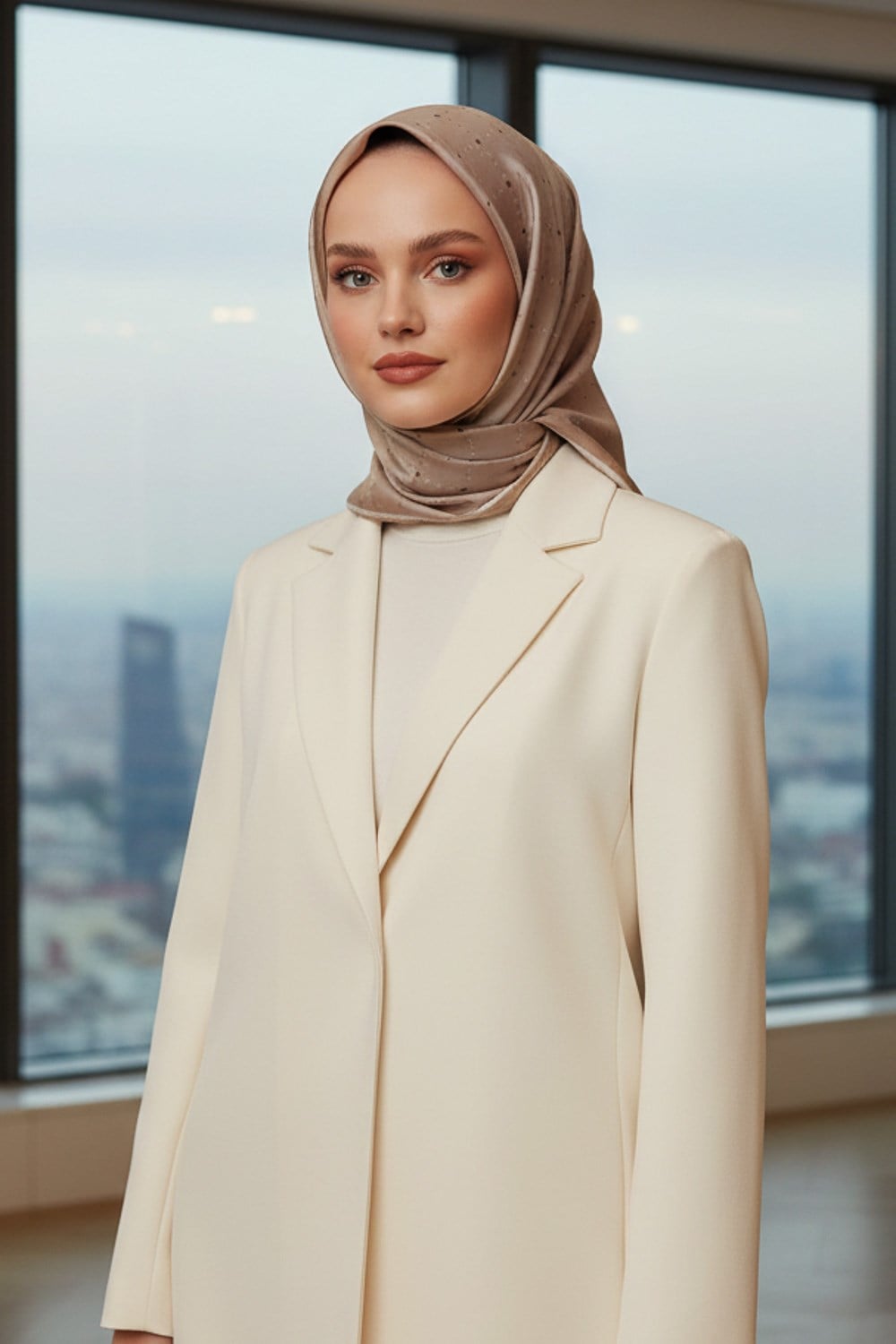 %100 Twill İpek Minik V Desenli Bej Renkli 90x90 Eşarp Dikim Şekli : El Dikişi