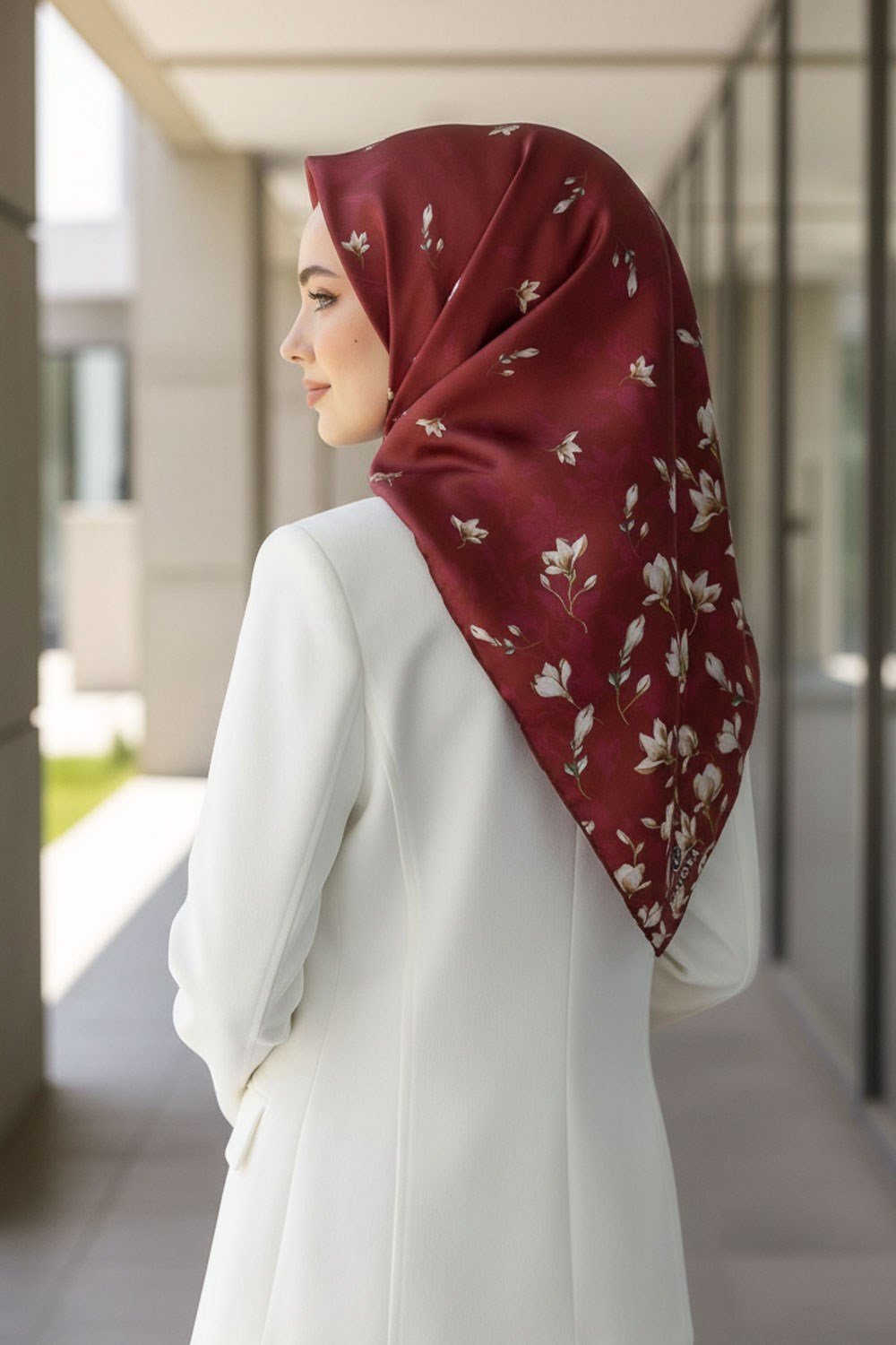 %100 Twill İpek Çiçek Desenli Bordo Renkli 90x90 Eşarp Dikim Şekli : El Dikişi