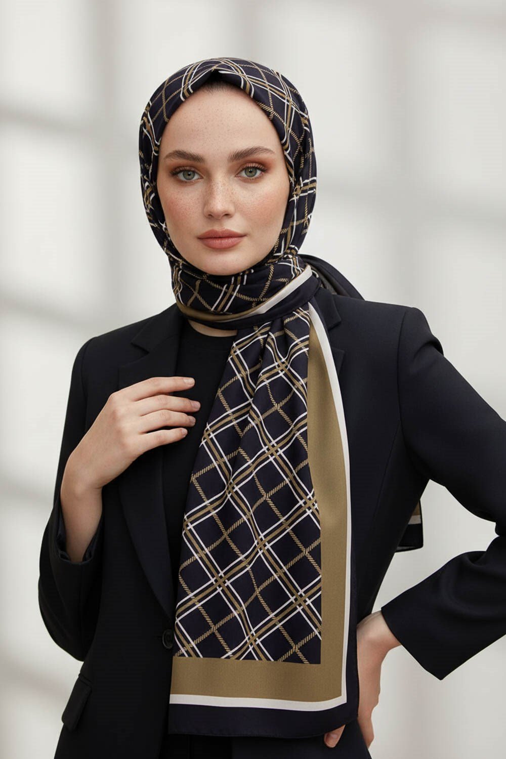 KREP EKOSE DESENLİ SİYAH - VİZON RENKLİ 75X195 KIRIŞMAZ ŞAL