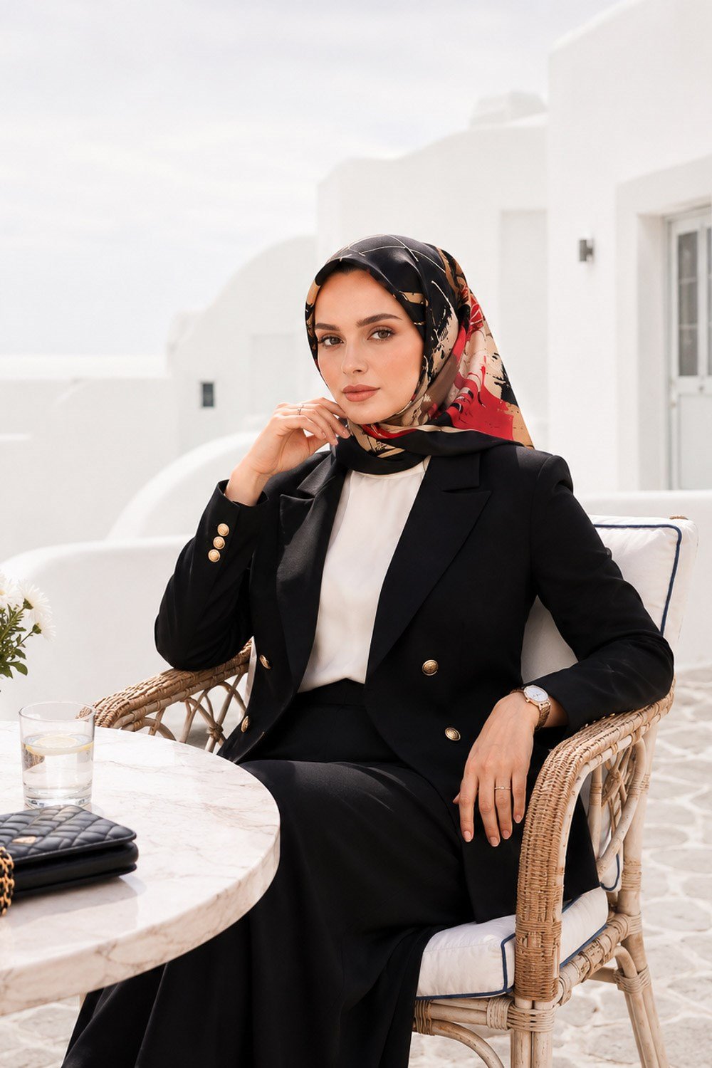 % 57 İPEK % 43 VİSKON Twill İpek Geometrik Desenli Siyah - Kırmızı Renkli 90x90 Eşarp Dikim Şekli : El Dikişi