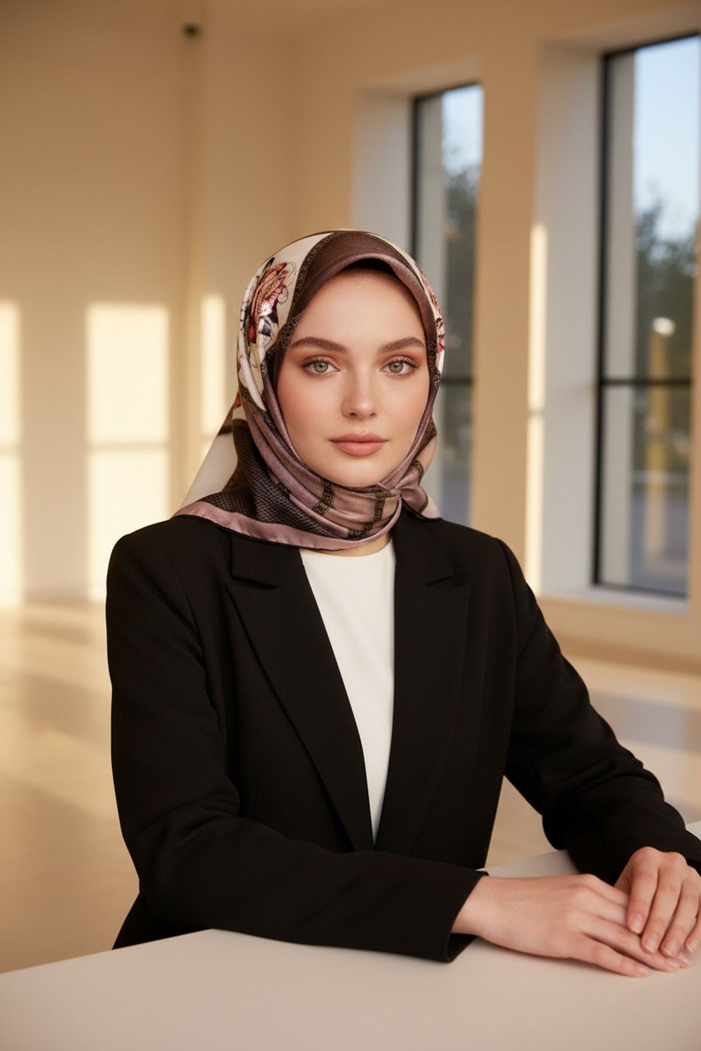 %100 Twill İpek Dokulu Çiçekli Ve Geometrik Desenli Pudra - Bej Renkli 90x90 Eşarp Dikim Şekli : El Dikişi