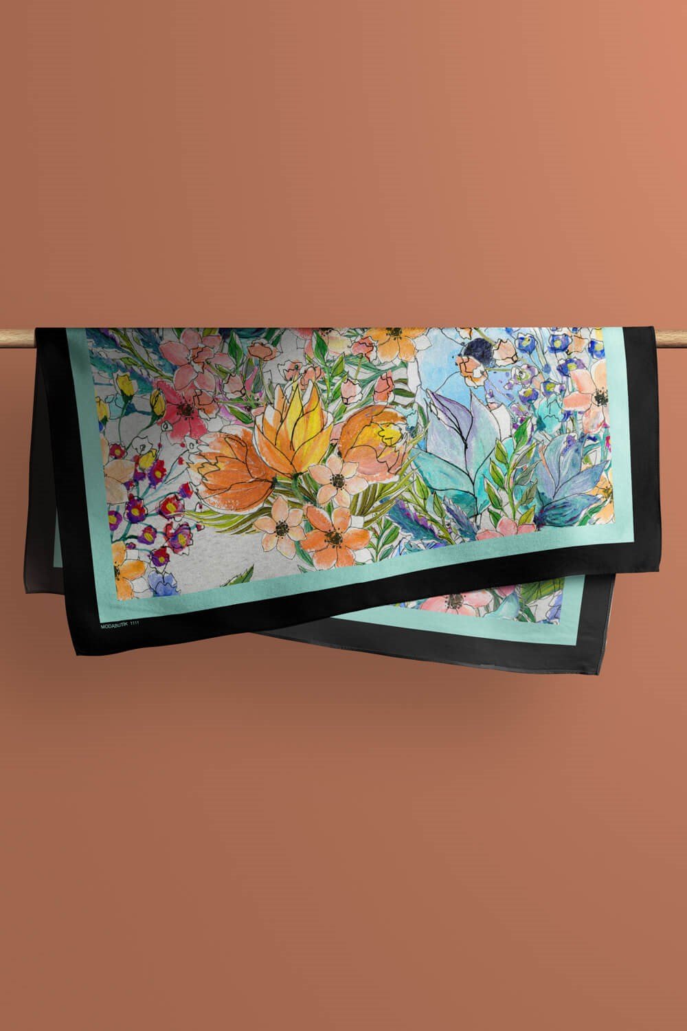 Violla F43 Kadın Su Yeşili Siyah Jardin Desenli 50x50 Bandana HYL DG01111-22