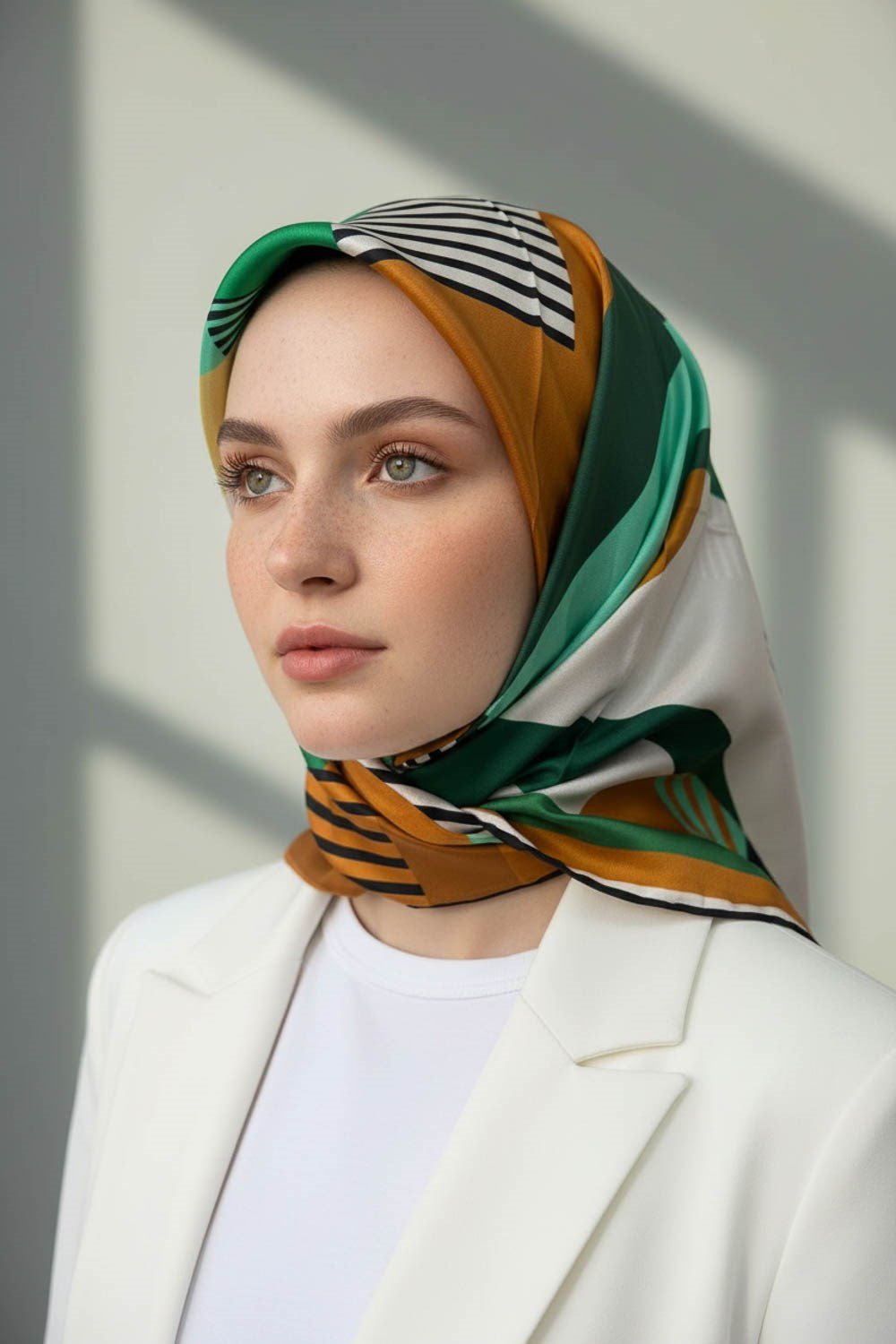 100% Twill İpek Geometrik Desenli Zümrüt Yeşili - Hardal Renkli 90x90 Dikim Şekli : El Dikişi Eşarp
