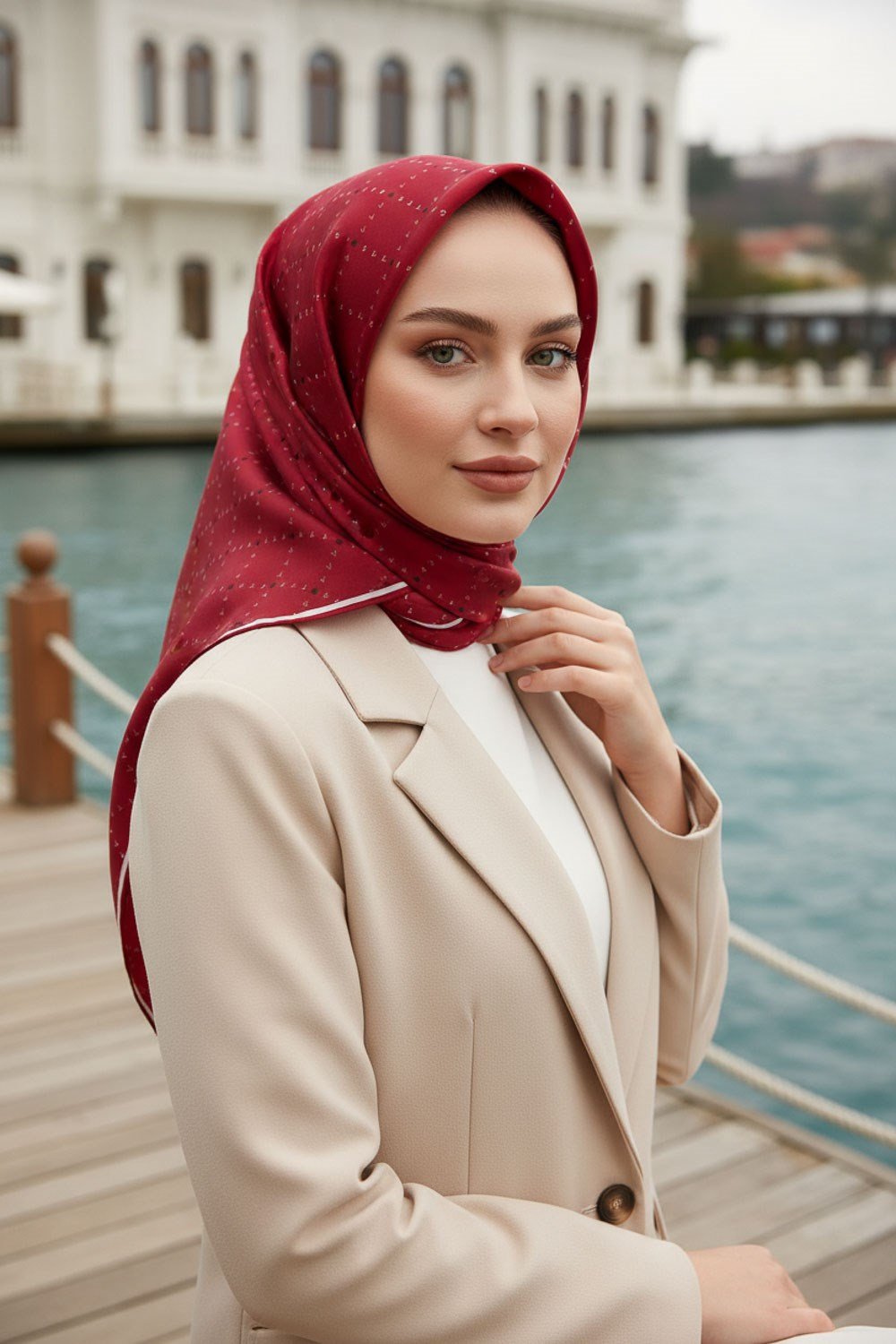 %100 Twill İpek Minik V Desenli Bordo Renkli 90x90 Eşarp Dikim Şekli : El Dikişi