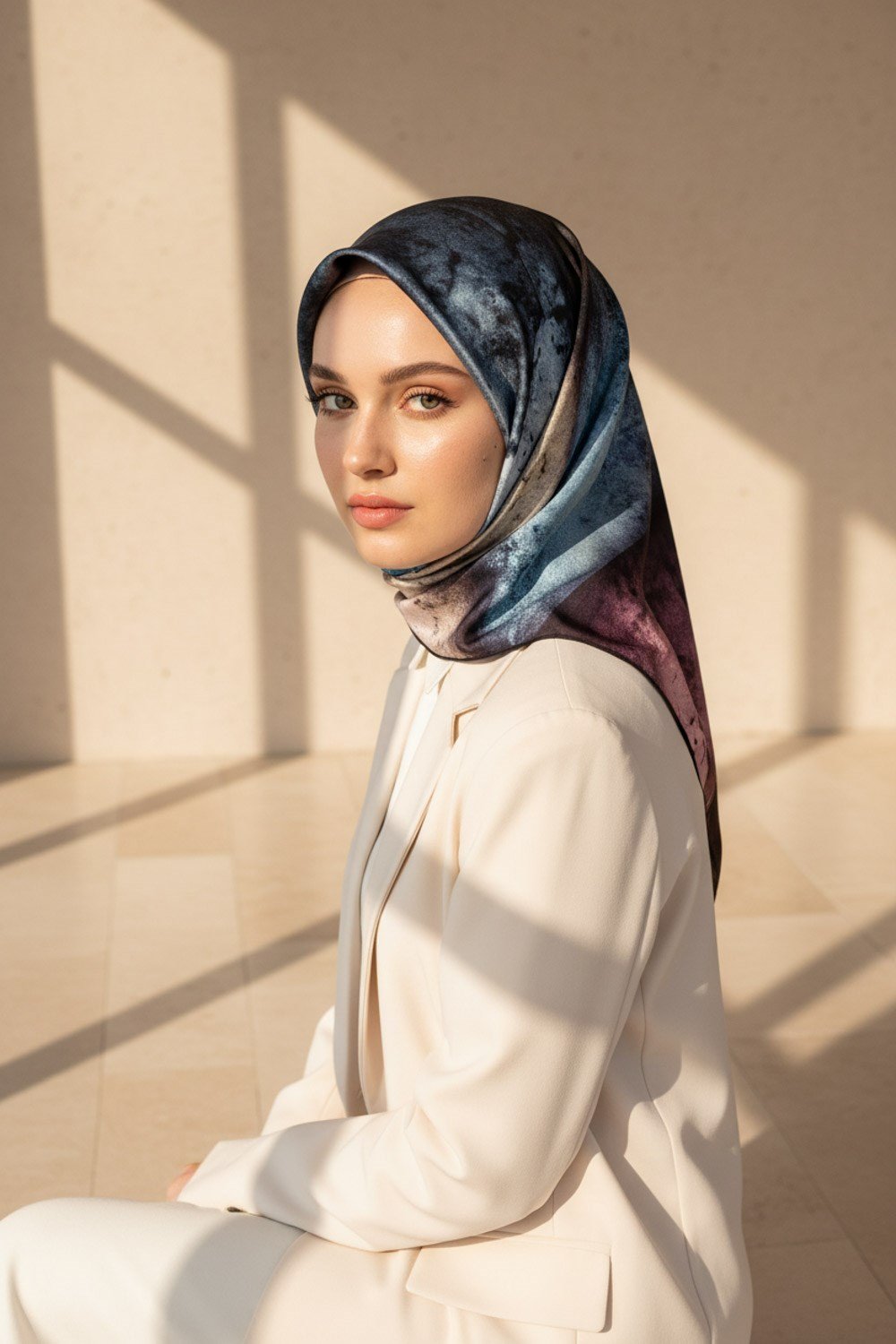 %100 Twill İpek Dokulu Ve Geometrik Desenli Mint Yeşili - Lila Renkli 90x90 Eşarp Dikim Şekli : El Dikişi