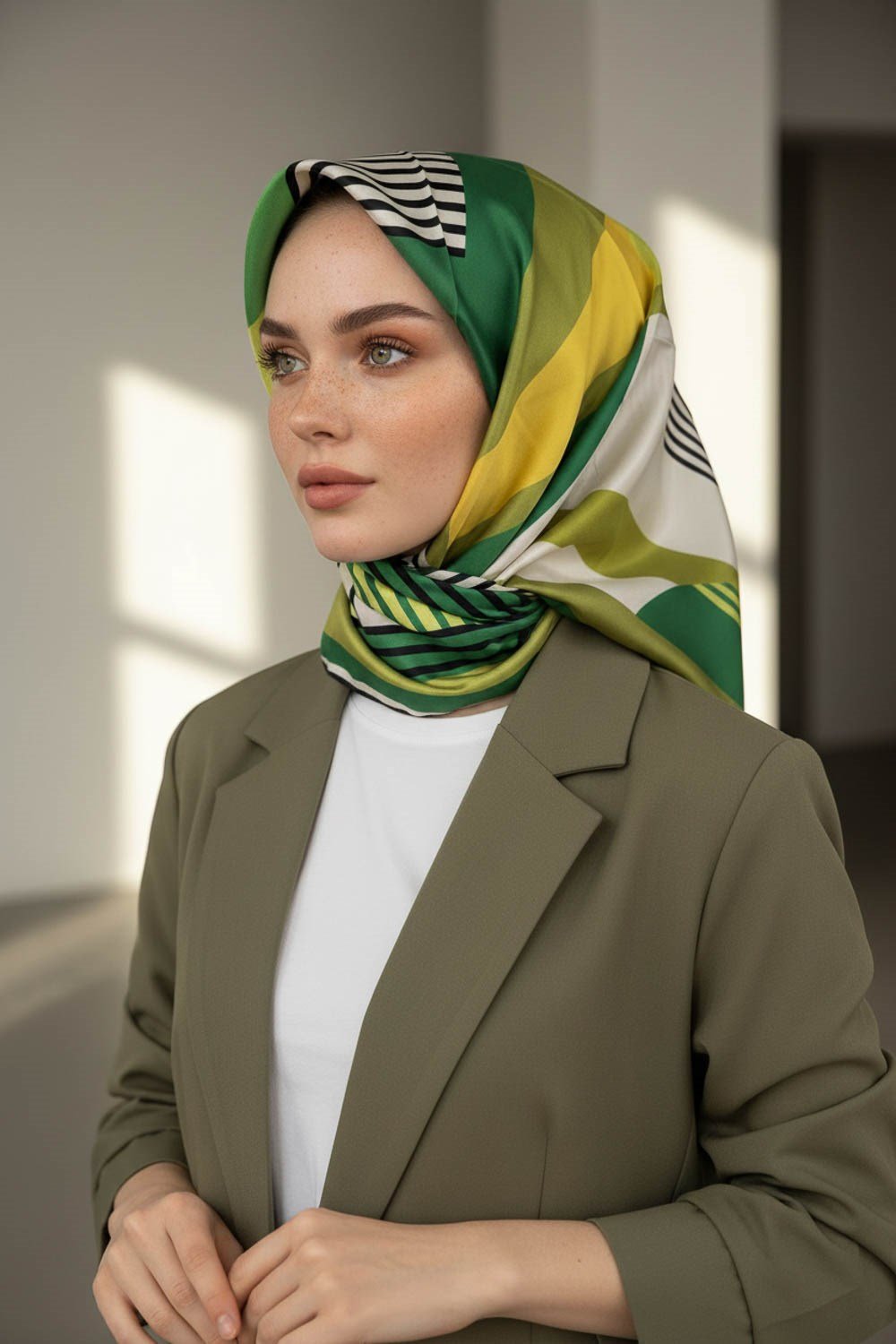 100% Twill İpek Geometrik Desenli Haki - Zümrüt Yeşili Renkli 90x90 Dikim Şekli : El Dikişi Eşarp